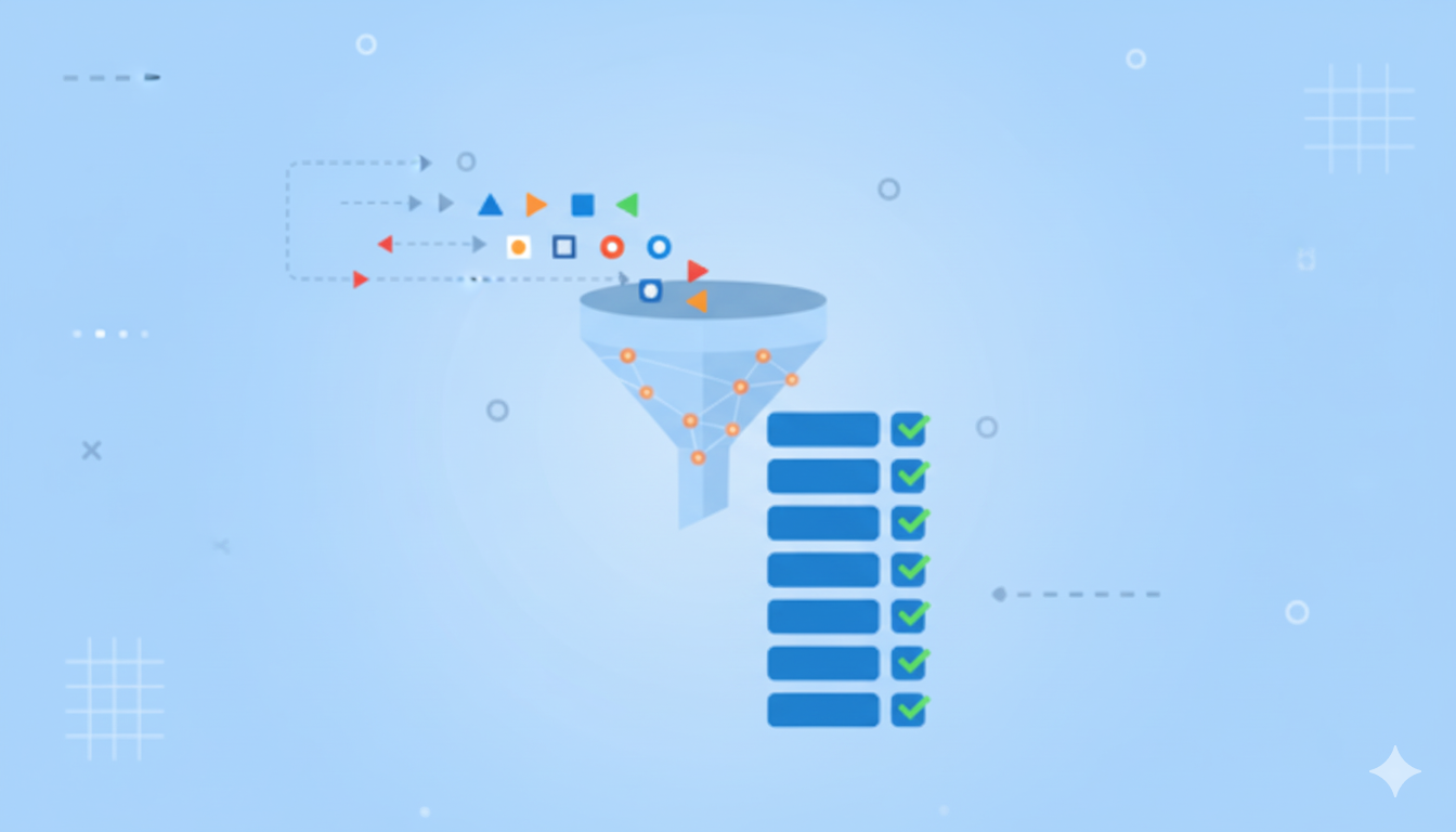 A stylized illustration of a complex data network with interconnected points.